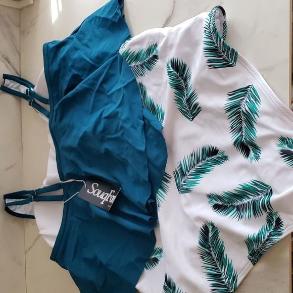 SouqFone Ruffled Flounce Top High Waisted Bikini Set in Blue Green Leaf Size L - Picture 8 of 16